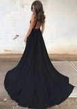 A-line/Princess V Neck Sleeveless Court Train Charmeuse Prom Dress With Pleated - dennisdresses