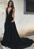 A-line/Princess V Neck Sleeveless Court Train Charmeuse Prom Dress With Pleated