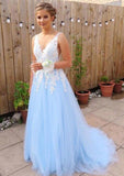 A-line/Princess V Neck Sleeveless Court Train Tulle Prom Dress With Appliqued