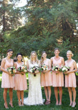 A-line/Princess V Neck Sleeveless Knee-Length Chiffon Bridesmaid Dresses With Pleated - dennisdresses