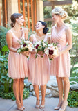 A-line/Princess V Neck Sleeveless Knee-Length Chiffon Bridesmaid Dresses With Pleated