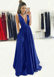 A-line/Princess V Neck Sleeveless Long/Floor-Length Charmeuse Prom Dress With Pleated