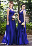 A-line/Princess V Neck Sleeveless Long/Floor-Length Chiffon Bridesmaid Dress With Pleated - dennisdresses