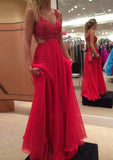 A-line/Princess V Neck Sleeveless Long/Floor-Length Chiffon Prom Dress With Lace Beading - dennisdresses