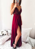 A-line/Princess V Neck Sleeveless Long/Floor-Length Chiffon Prom Dress With Split Sequins - dennisdresses