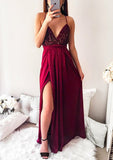 A-line/Princess V Neck Sleeveless Long/Floor-Length Chiffon Prom Dress With Split Sequins