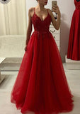 A-line/Princess V Neck Sleeveless Long/Floor-Length Prom Dress With Appliqued Beading