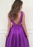 A-line/Princess V Neck Sleeveless Long/Floor-Length Satin Prom Dress With Pleated - dennisdresses