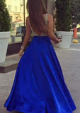 A-line/Princess V Neck Sleeveless Long/Floor-Length Satin Prom Dresses With Sequins - dennisdresses