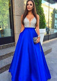 A-line/Princess V Neck Sleeveless Long/Floor-Length Satin Prom Dresses With Sequins - dennisdresses