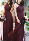 A-line/Princess V Neck Sleeveless Long/Floor-Length Tulle Bridesmaid Dresses With Pleated - dennisdresses