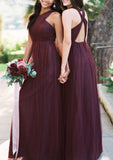 A-line/Princess V Neck Sleeveless Long/Floor-Length Tulle Bridesmaid Dresses With Pleated - dennisdresses