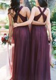 A-line/Princess V Neck Sleeveless Long/Floor-Length Tulle Bridesmaid Dresses With Pleated - dennisdresses