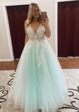 A-line/Princess V Neck Sleeveless Long/Floor-Length Tulle Prom Dress With Appliqued