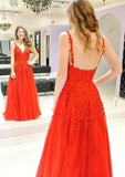 A-line/Princess V Neck Sleeveless Long/Floor-Length Tulle Prom Dress With Appliqued - dennisdresses