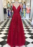 A-line/Princess V Neck Sleeveless Long/Floor-Length Tulle Prom Dress With Appliqued - dennisdresses