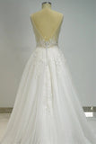 A-line/Princess V Neck Sleeveless Long/Floor-Length Tulle Wedding Dresse With Appliqued