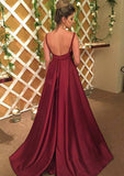 A-line/Princess V Neck Sleeveless Sweep Train Charmeuse Prom Dress With Bowknot - dennisdresses