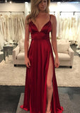 A-line/Princess V Neck Sleeveless Sweep Train Charmeuse Prom Dress With Split - dennisdresses