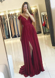 A-line/Princess V Neck Sleeveless Sweep Train Chiffon Prom Dress With Split Pleated