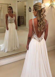 A-line/Princess V Neck Sleeveless Sweep Train Chiffon Wedding Dress With Lace - dennisdresses