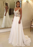 A-line/Princess V Neck Sleeveless Sweep Train Chiffon Wedding Dress With Lace - dennisdresses