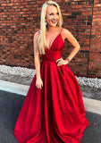 A-line/Princess V Neck Sleeveless Sweep Train Satin Prom Dress - dennisdresses