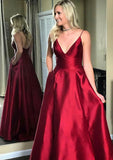 A-line/Princess V Neck Sleeveless Sweep Train Satin Prom Dress - dennisdresses