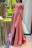 A-Line Prom Dresses High Split Dress Formal Evening Sweep / Brush Train Short Sleeve Off Shoulder Satin with Slit Pure Color 2023