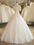 Ball Gown 1/2 Sleeves Off-the-Shoulder Floor-Length Applique Lace Tulle Wedding Dresses - dennisdresses