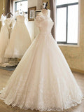 Ball Gown 1/2 Sleeves Off-the-Shoulder Floor-Length Applique Lace Tulle Wedding Dresses - dennisdresses