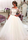 Ball Gown Bateau 3/4 Sleeve Court Train Tulle Wedding Dress With Lace Waistband