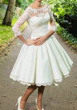 Ball Gown Bateau 3/4 Sleeve Knee-Length Satin Wedding Dress With Lace