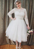 Ball Gown Bateau 3/4 Sleeve Tea-Length Tulle Wedding Dress With Lace