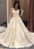 Ball Gown Bateau Full/Long Sleeve Chapel Train Lace Wedding Dress - dennisdresses