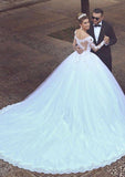 Ball Gown Off-The-Shoulder Cathedral Train Tulle Wedding Dresses With Appliqued Lace - dennisdresses