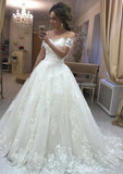 Ball Gown Off-the-Shoulder Short Sleeve Court Train Tulle Wedding Dress With Appliqued