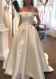 Ball Gown Off-the-Shoulder Sleeveless Court Train Satin Wedding Dress With Waistband