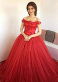 Ball Gown Off-the-Shoulder Sleeveless Sweep Train Tulle Prom Dress With Appliqued