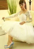 Ball Gown Scalloped Neck Full/Long Sleeve Knee-Length Lace Wedding Dress With Appliqued - dennisdresses