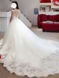 Ball Gown Sleeveless Bateau Applique Chapel Train Tulle Wedding Dresses - dennisdresses