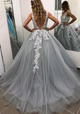 Ball Gown Sleeveless Long/Floor-Length Tulle Prom Dress With Lace Appliqued Beading - dennisdresses