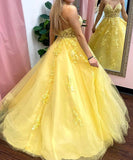 Ball Gown Tulle Applique V-neck Sleeveless Sweep/Brush Train Dresses - dennisdresses