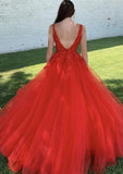 Ball Gown V Neck Court Train Lace Tulle Prom Dress With Appliqued Beading - dennisdresses