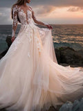 Beach A-Line Wedding Dresses Court Train Floral Open Back Long Sleeve Jewel Neck Lace With Appliques 2023 Bridal Gowns / See-Through - dennisdresses