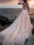 Beach A-Line Wedding Dresses Court Train Floral Open Back Long Sleeve Jewel Neck Lace With Appliques 2023 Bridal Gowns / See-Through - dennisdresses