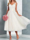 Beach A-Line Wedding Dresses Midi Little White Dresses Regular Straps V Neck Tulle With Bow(s) Lace Insert 2023 Bridal Gowns - dennisdresses