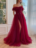 A-Line Prom Dresses Floral Dress Wedding Guest Sweep / Brush Train Short Sleeve Off Shoulder Tulle with Slit Strappy 2023