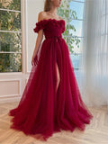 A-Line Prom Dresses Floral Dress Wedding Guest Sweep / Brush Train Short Sleeve Off Shoulder Tulle with Slit Strappy 2023