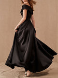 A-Line Plus Size Prom Formal Evening Dress Off Shoulder Short Sleeve Floor Length Satin with Pleats Ruched 2023